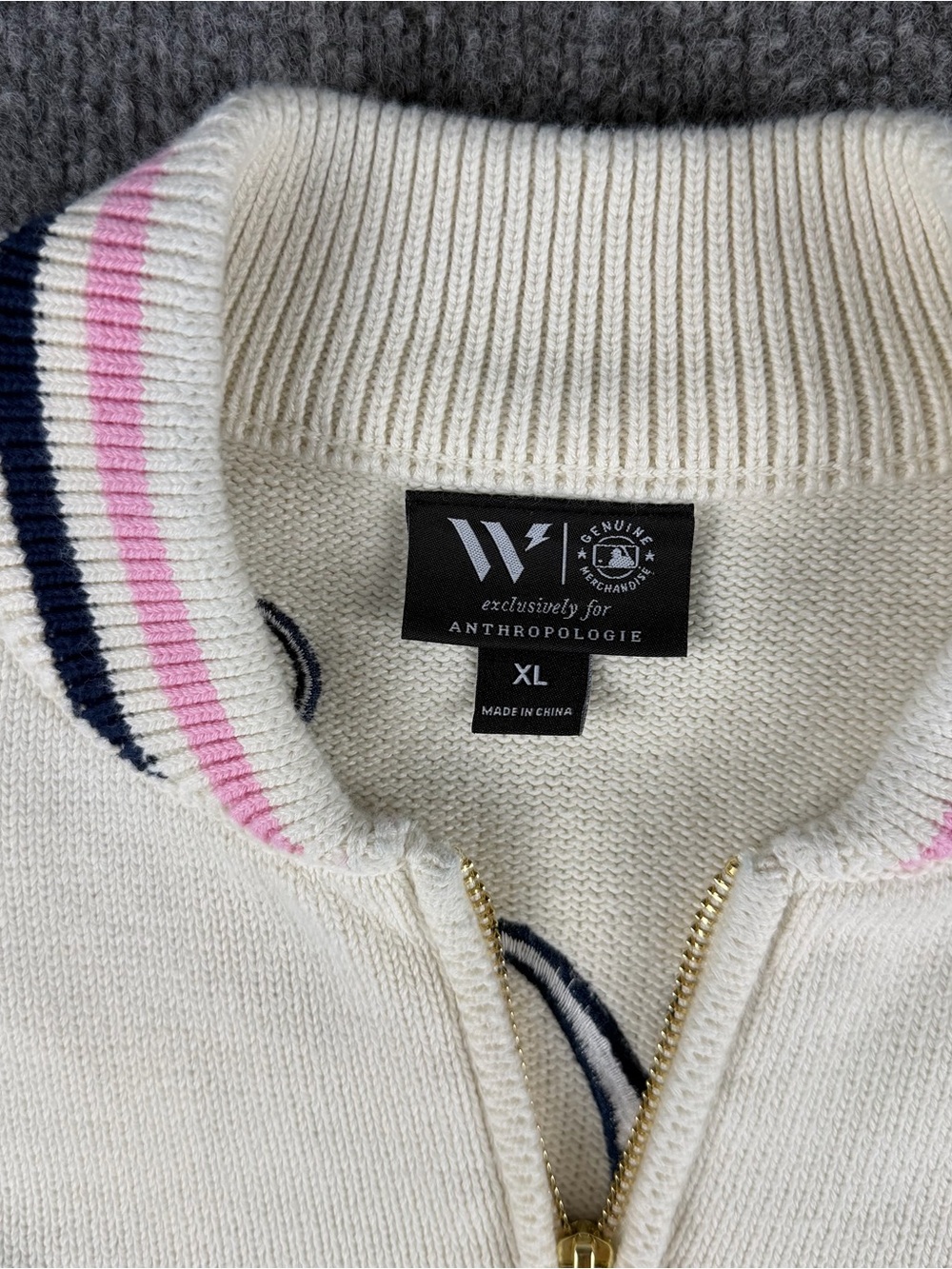 Anthropologie Atlanta Braves Knit Sweater Womens XL Cream Pink Zip Up Baseball - Picture 6 of 8